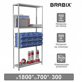 Стеллаж металлический BRABIX "MS KD-180/30/70-4", 1800х700х300 мм, 4 полки, сборная стойка, 291112, S240BR123402 - Фото предпросмотра