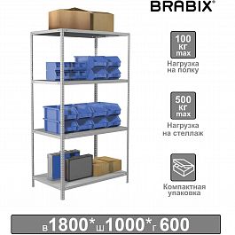 Стеллаж металлический BRABIX "MS KD-180/60-4", 1800х1000х600 мм), 4 полки, компактная упаковка, 291117, S240BR146402 - Фото предпросмотра