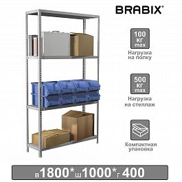 Стеллаж металлический BRABIX "MS KD-180/40-4", 1800х1000х400 мм, 4 полки, сборная стойка, 291115, S240BR144402 - Фото предпросмотра