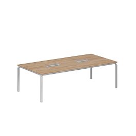 Стол для переговоров Oliver 2400х1200х750 на МК / cтолешница гикори натуральный, металкаркас алюминий, заглушки кабель каналов серые - Фото предпросмотра